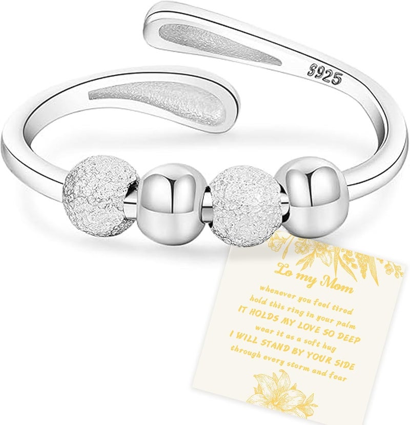 Senteria Anxiety Rings for Women Sterling Silver Rings Adjustable Stress Spinner Rings with Beads Fidget Rings for Anxiety Women - Image 1